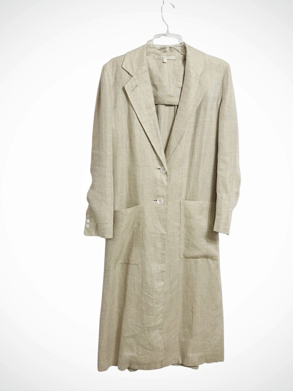 Perry Ellis Vintage Linen Herringbone Overcoat Womens 2 Tan Classic Preppy Woven